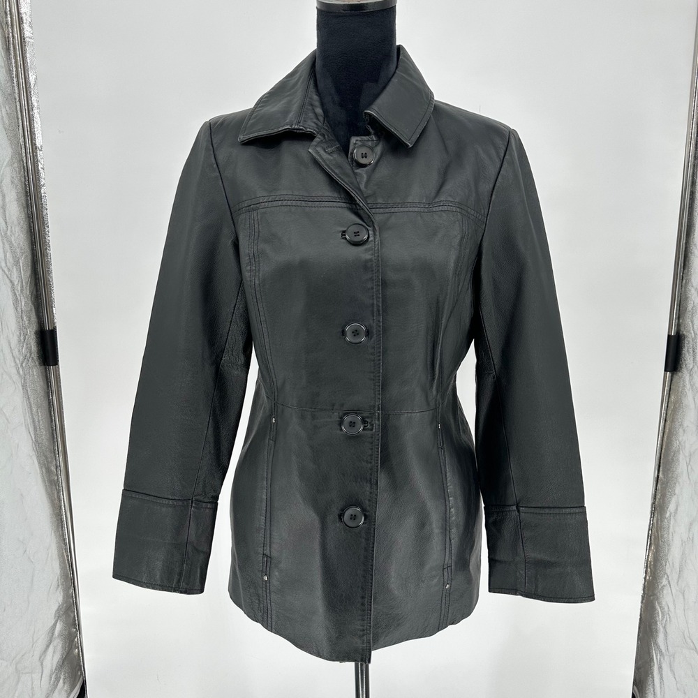 East‎ 5th Black 100% Leather Button Up Jacket Coat Fall Winter Chic M Petite